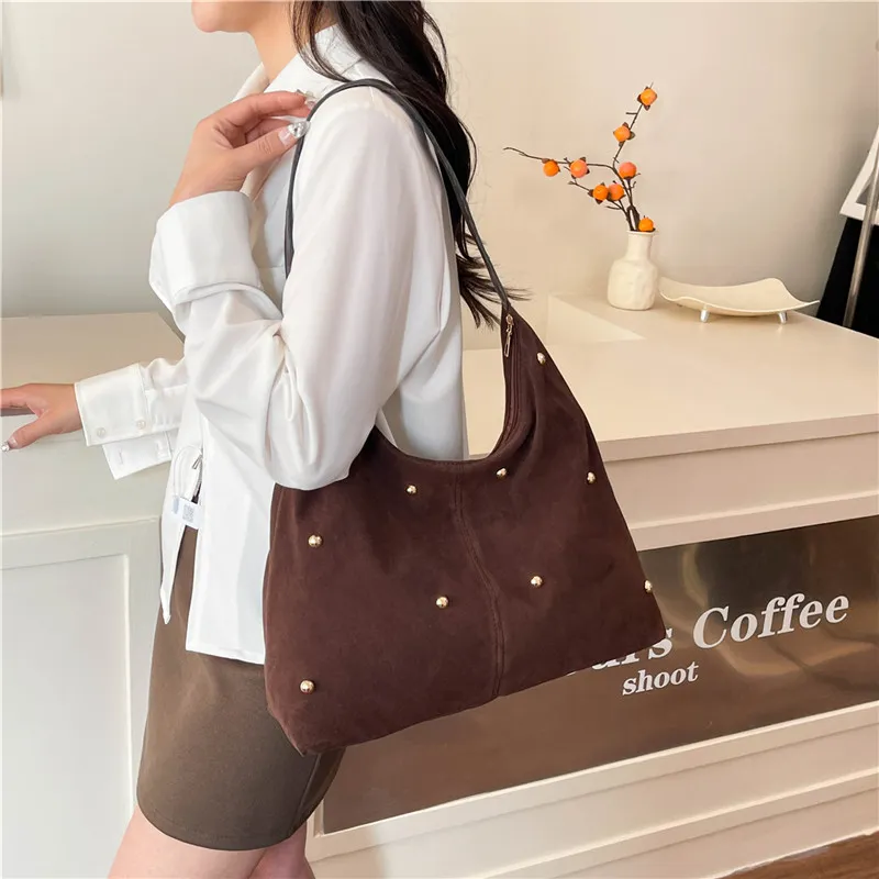 Dusen Kangaroo Velour Shoulder Bag Women's Black/Red/Beige/Coffee/Brown-16