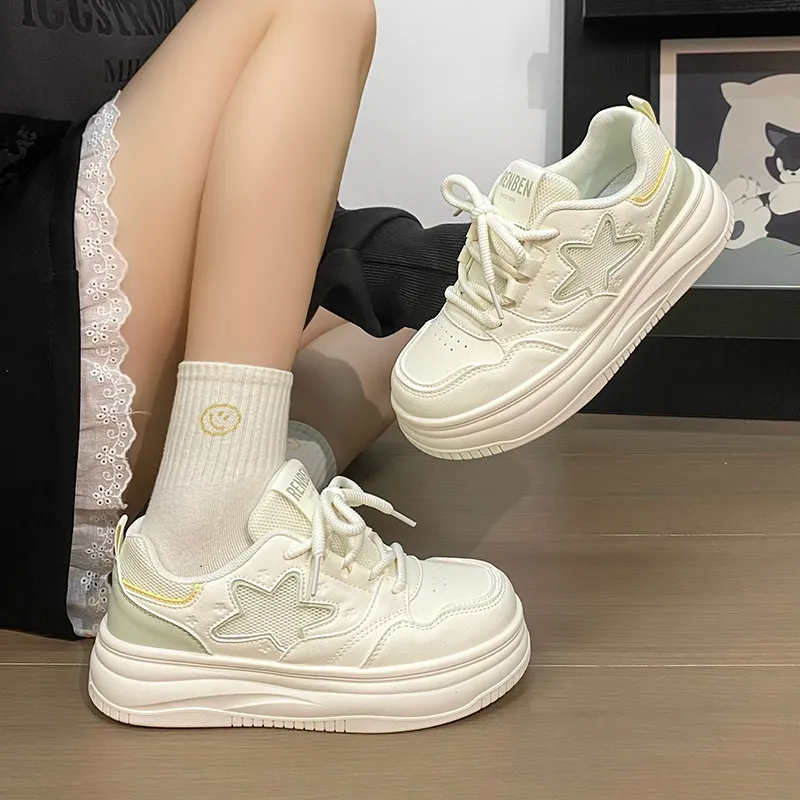 RENBEN Slip Resistant, Lightweight, And Breathable Low Top Skateboard Shoes Women's Beige Green-7
