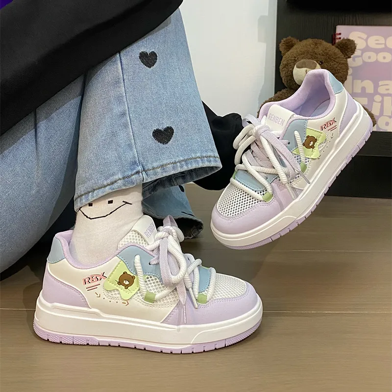 RENBEN Lightweight And Breathable Low Top Skateboard Shoes Women's White Purple-7