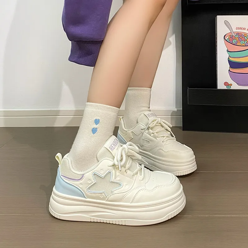 RENBEN Slip Resistant, Lightweight, And Breathable Low Top Skateboard Shoes Women's Beige Blue-6