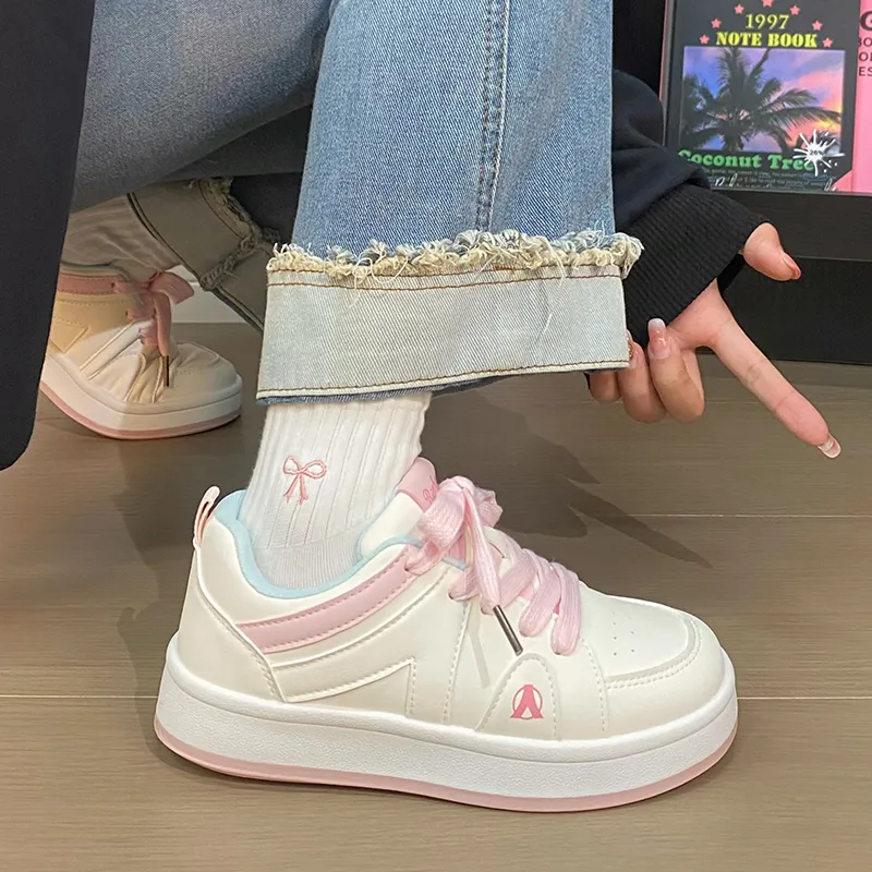 RENBEN Lightweight Height Increasing Slip Resistant Low Top Skateboard Shoes Women's Beige Pink-6