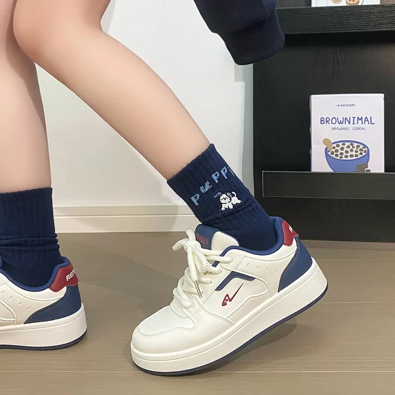 RENBEN Non slip Lightweight Low Top Skateboard Shoes Women's Beige Dark Blue-7