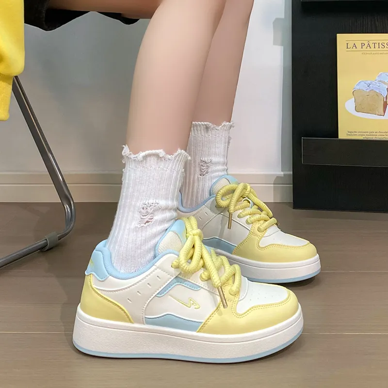 RENBEN Balanced Lightweight Low Top Skateboard Shoes Women's Yellow Blue-6