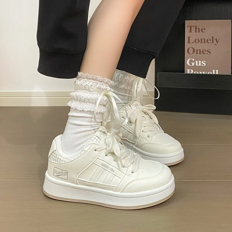 RENBEN Slip Resistant Height Increasing Low Top Skateboard Shoes Women's Beige-6