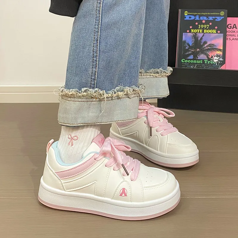RENBEN Lightweight Height Increasing Slip Resistant Low Top Skateboard Shoes Women's Beige Pink-7