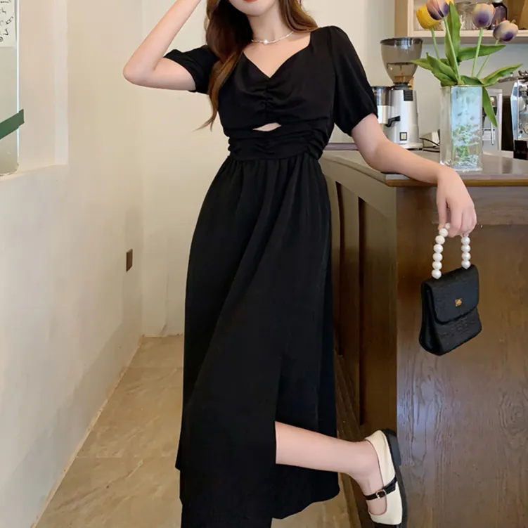 / Short Sleeved Dresses Women's Black+Hair Tie Comes With-4