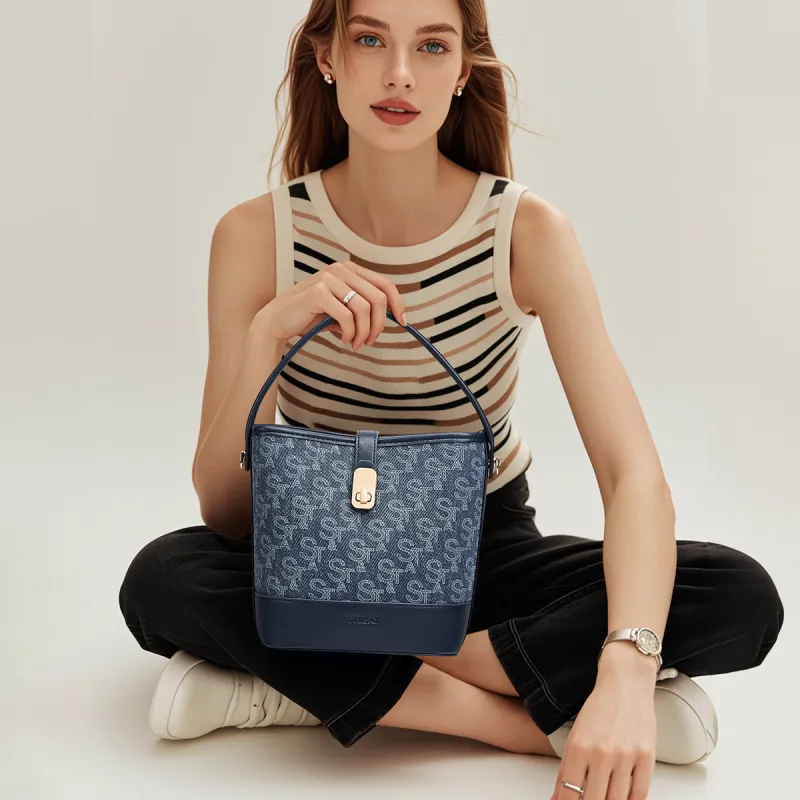 ST&SAT Fabric, Synthetic Leather Shoulder Bag, Crossbody Bag, Portable Small Bag Women's Denim Blue/light Blue-3