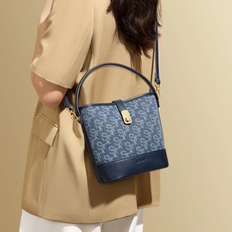 ST&SAT Fabric, Synthetic Leather Shoulder Bag, Crossbody Bag, Portable Small Bag Women's Denim Blue/light Blue-4