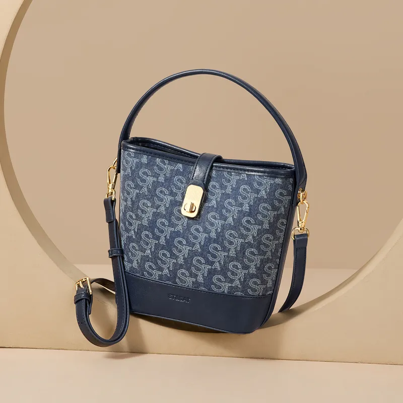 ST&SAT Fabric, Synthetic Leather Shoulder Bag, Crossbody Bag, Portable Small Bag Women's Denim Blue/light Blue-5