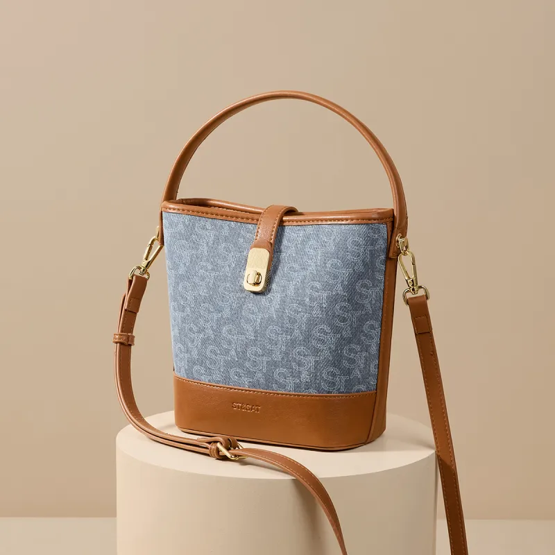 ST&SAT Fabric, Synthetic Leather Shoulder Bag, Crossbody Bag, Portable Small Bag Women's Denim Blue/light Blue-12