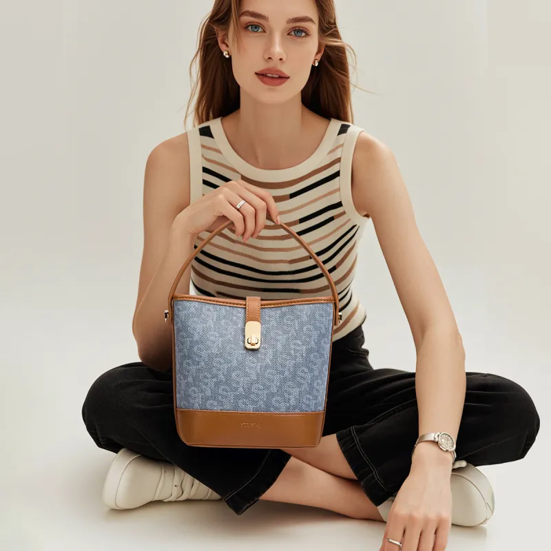 ST&SAT Fabric, Synthetic Leather Shoulder Bag, Crossbody Bag, Portable Small Bag Women's Denim Blue/light Blue-9