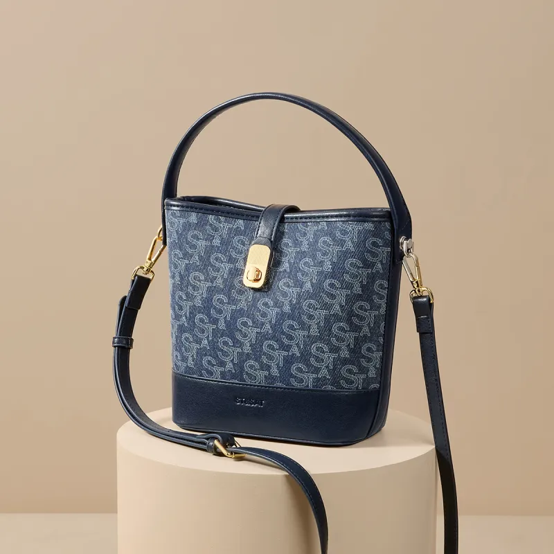 ST&SAT Fabric, Synthetic Leather Shoulder Bag, Crossbody Bag, Portable Small Bag Women's Denim Blue/light Blue-6