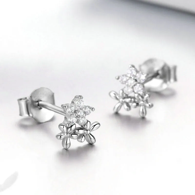 KYY S925 Silver Allergy Friendly White Gold Plated Floral Stud Earrings Women's-2
