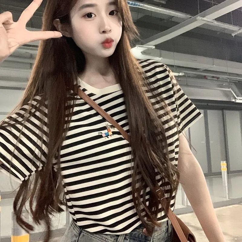 GOSO T Shirts Women's Beige Black Stripes-2