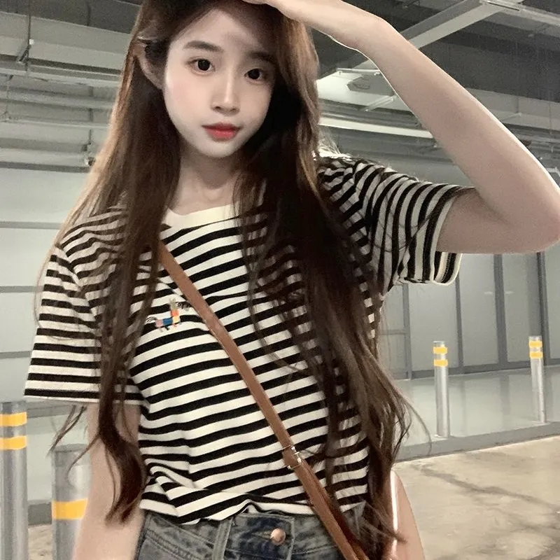 GOSO T Shirts Women's Beige Black Stripes-4
