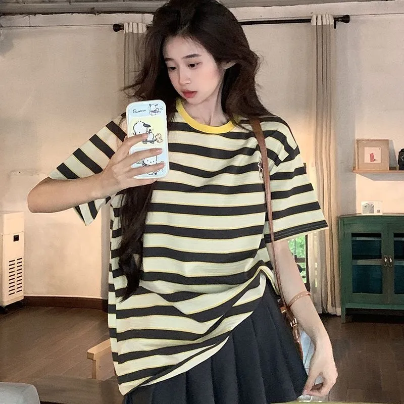 GOSO T Shirts Women's Yellow Collar Stripes-1
