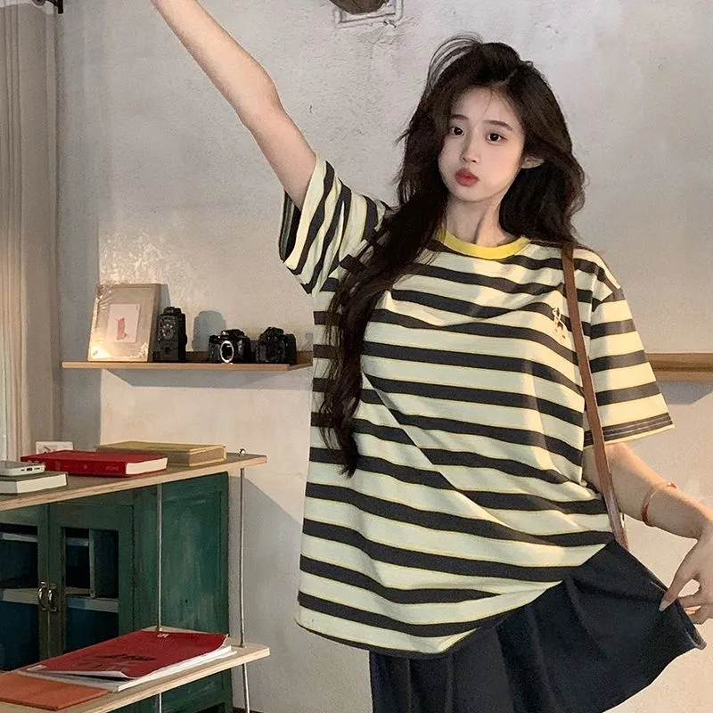 GOSO T Shirts Women's Yellow Collar Stripes-4