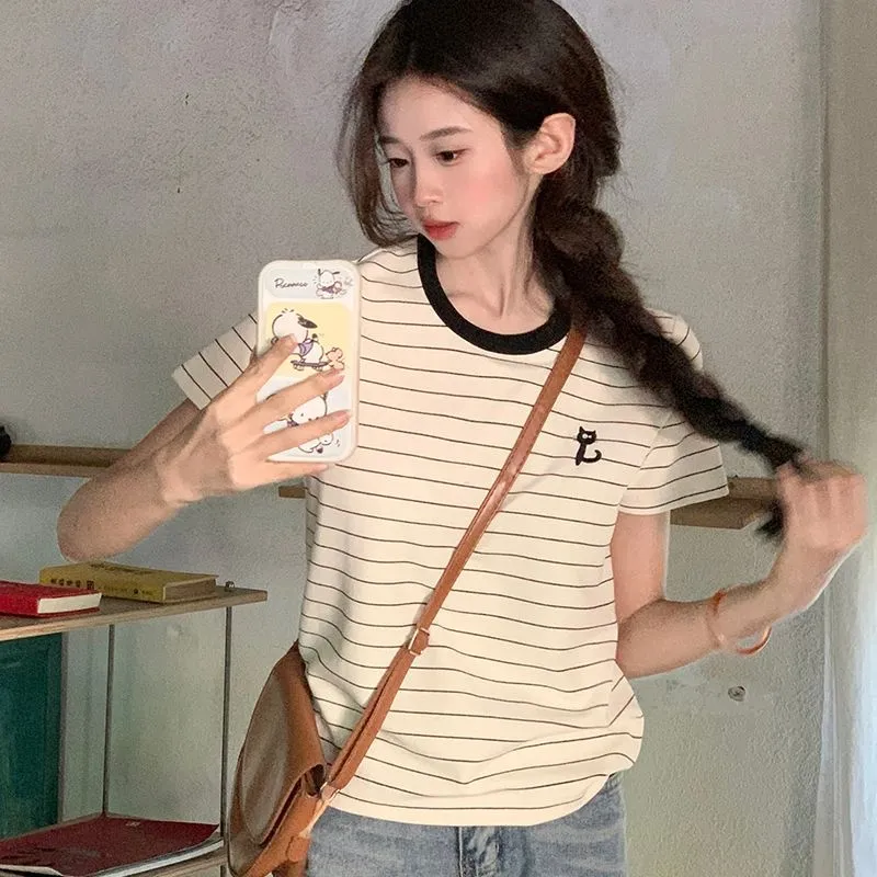 GOSO T Shirts Women's Black Apricot Stripes-3