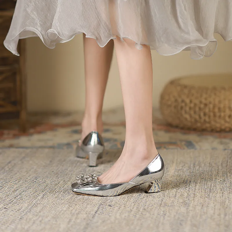 Lan Miao Chunky Heel High Heels 4CM Women's Silver-1
