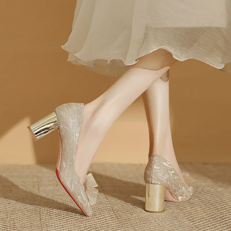 Lan Miao Chunky Heel High Heels Women's Gold-4