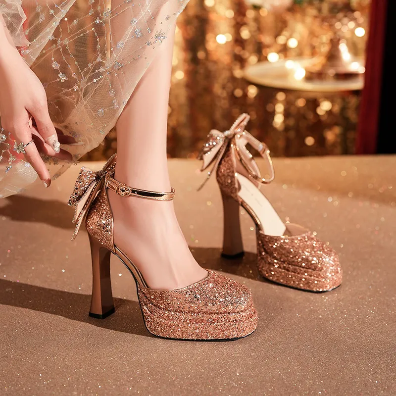 Lan Miao Chunky Heel High Heels 11.5CM Women's Champagne-5