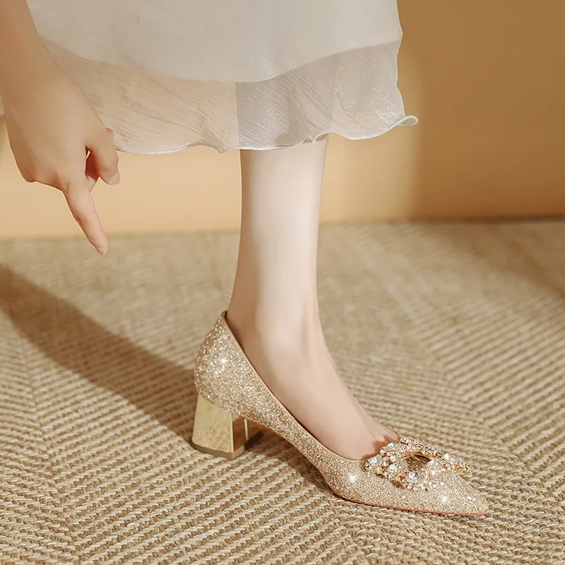Lan Miao Chunky Heel High Heels Women's Gold-5