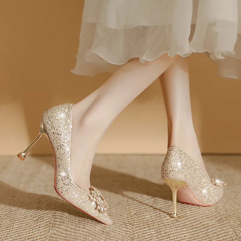 Lan Miao Slim Heel High Heels Women's Gold-3