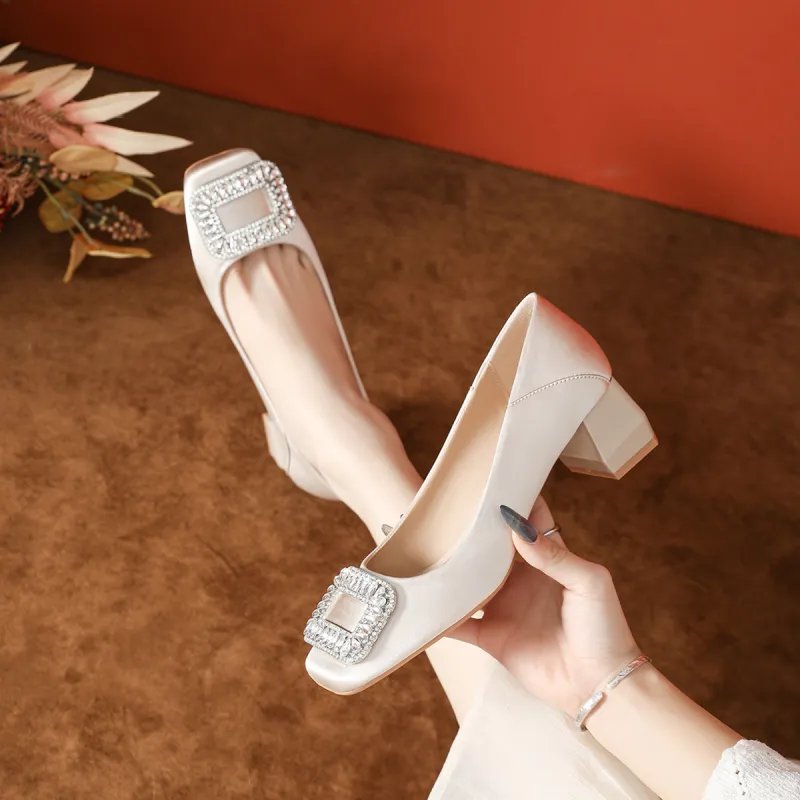 Lan Miao Chunky Heel High Heels 5CM Women's Apricot-2