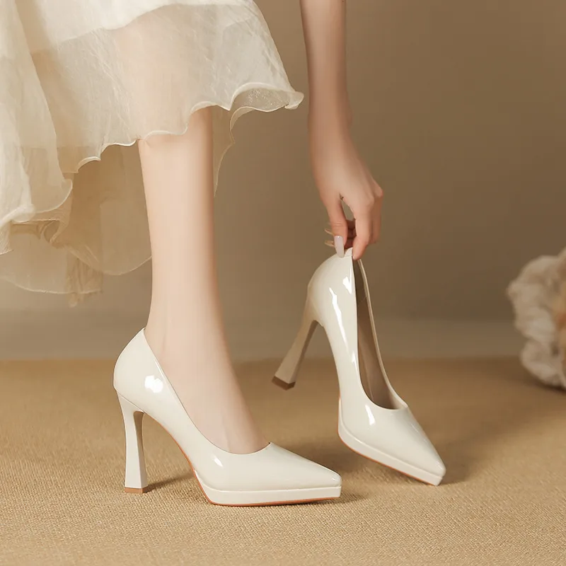 Lan Miao Slim Heel High Heels Women's White-3