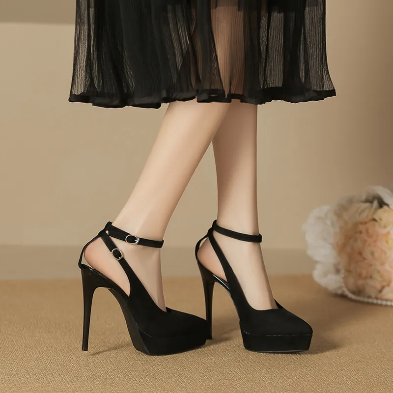 Lan Miao Slim Heel High Heels Women's Fleece Black-4