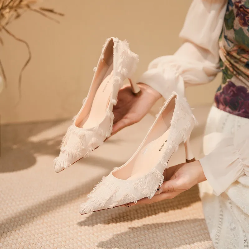 Lan Miao Slim Heel High Heels Women's Apricot-2