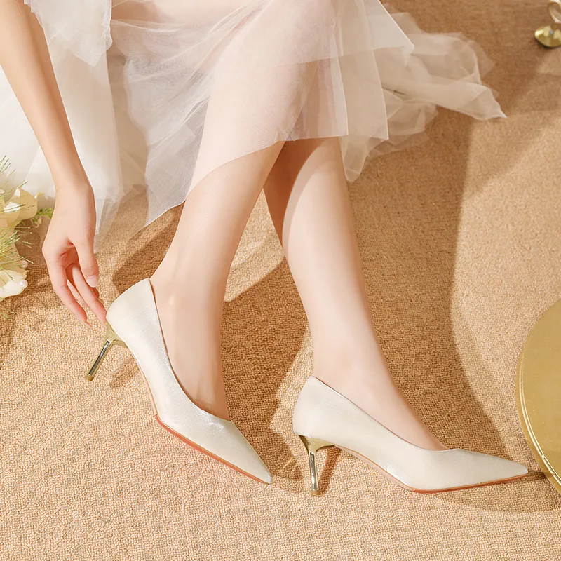 Lan Miao Slim Heel High Heels 6.5CM Women's Champagne-3