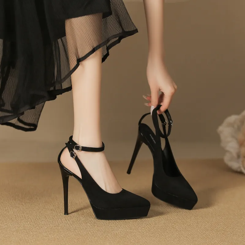 Lan Miao Slim Heel High Heels Women's Fleece Black-5