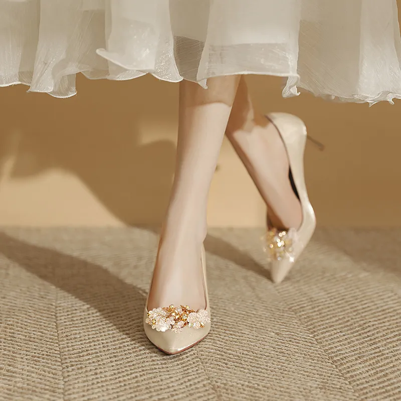 Lan Miao Slim Heel High Heels Women's Champagne-2