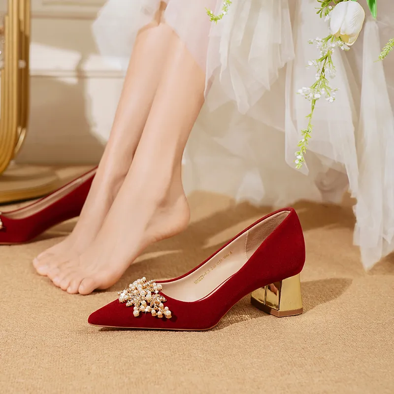 Lan Miao Chunky Heel High Heels Women's Burgundy-4