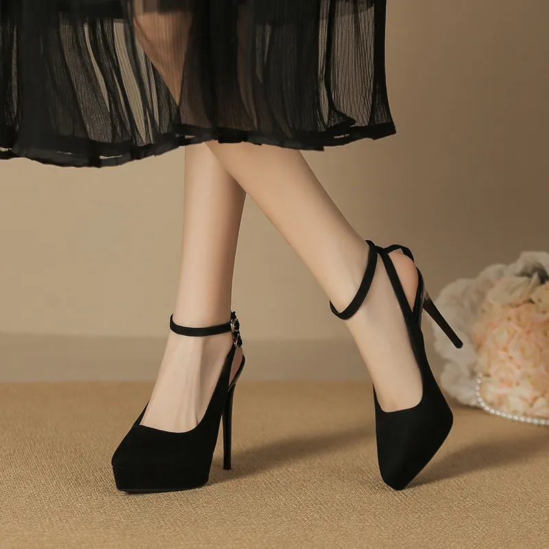 Lan Miao Slim Heel High Heels Women's Fleece Black-3