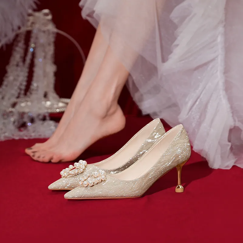 Lan Miao Slim Heel High Heels 6.5CM Women's Gold-1