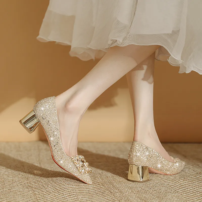 Lan Miao Chunky Heel High Heels Women's Gold-4