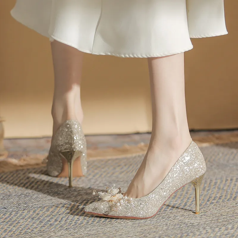 Lan Miao Slim Heel High Heels Women's Champagne-2