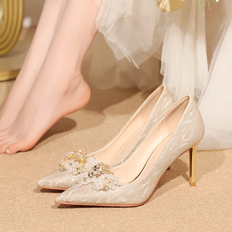 Lan Miao Slim Heel High Heels Women's Gold-4