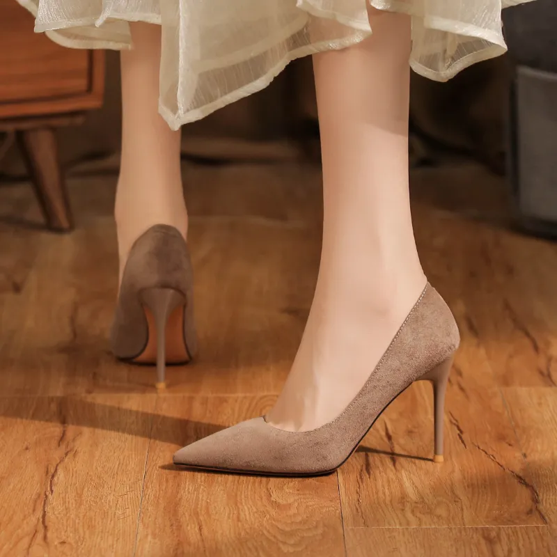 Lan Miao Slim Heel High Heels Women's Khaki-5