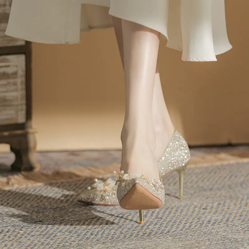 Lan Miao Slim Heel High Heels Women's Champagne-3