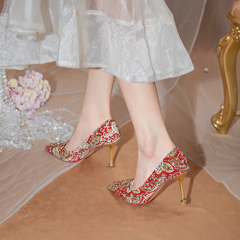 Lan Miao Slim Heel High Heels Women's Red-4