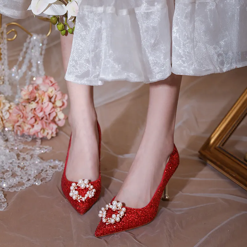 Lan Miao Slim Heel High Heels Women's Red-3