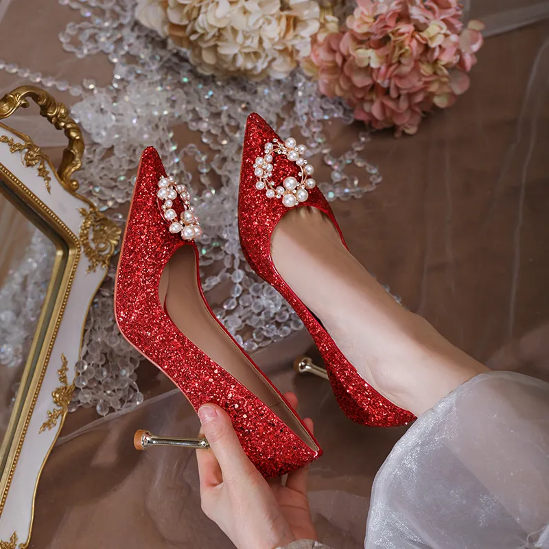 Lan Miao Slim Heel High Heels Women's Red-6