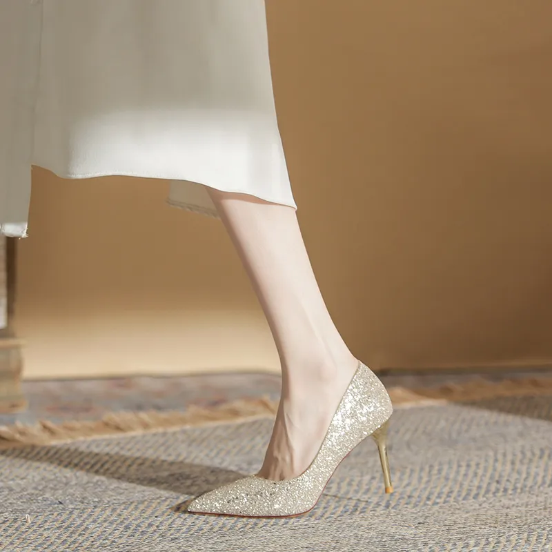 Lan Miao Slim Heel High Heels Women's Champagne-3