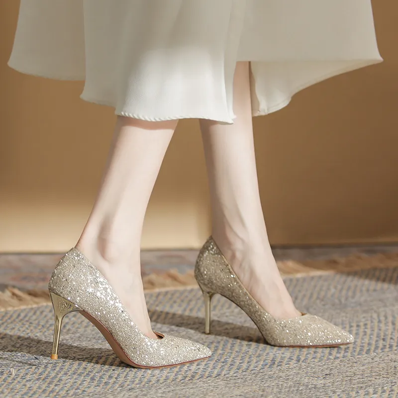 Lan Miao Slim Heel High Heels Women's Champagne-4
