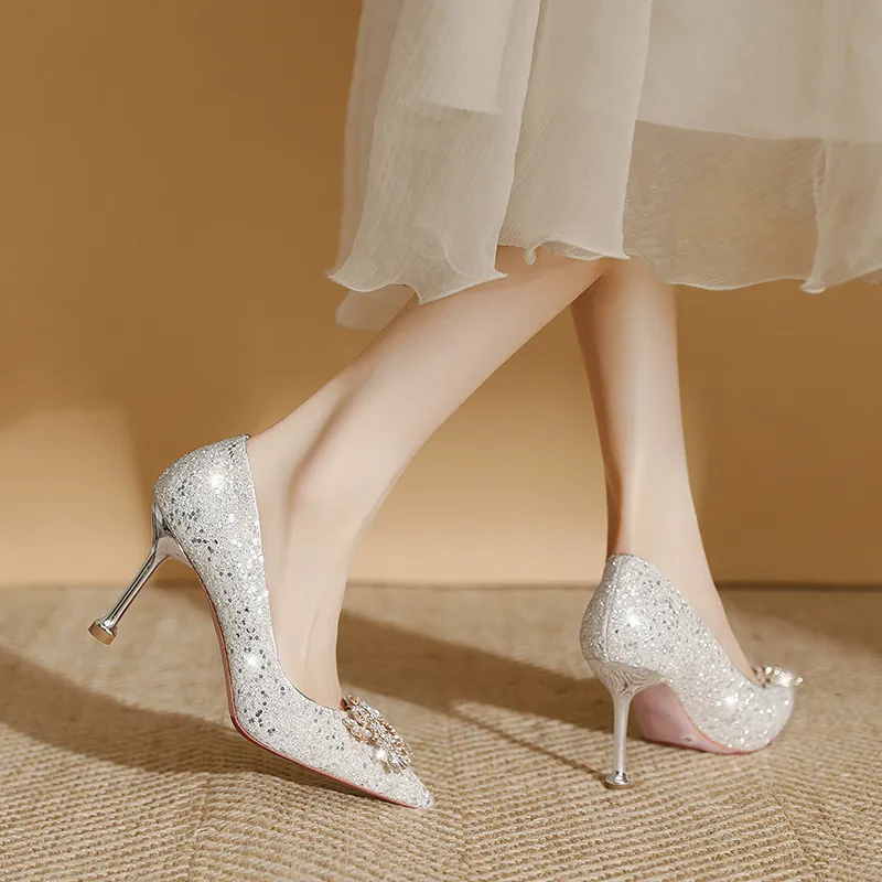 Lan Miao Slim Heel High Heels Women's Silver-3