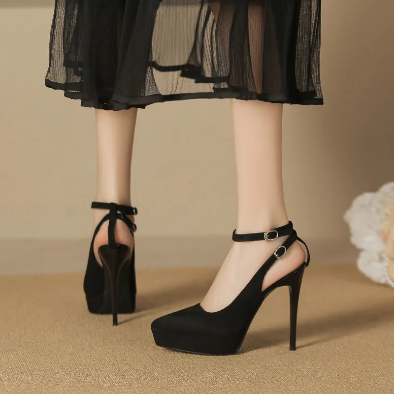 Lan Miao Slim Heel High Heels Women's Fleece Black-2