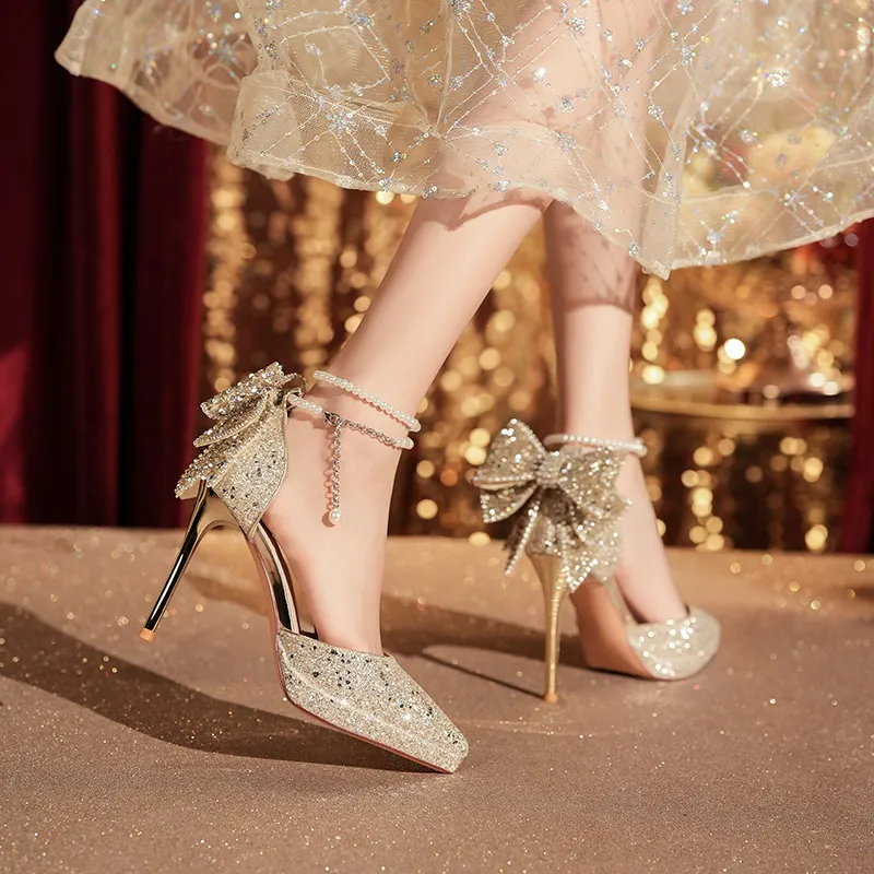 Lan Miao Slim Heel High Heels Women's Champagne-4
